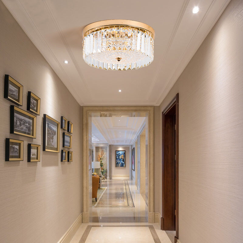 Modernist Metal Flush Mount Lamp With Led Drum Shade And Crystal Prism In Gold Finish - 14’/18’