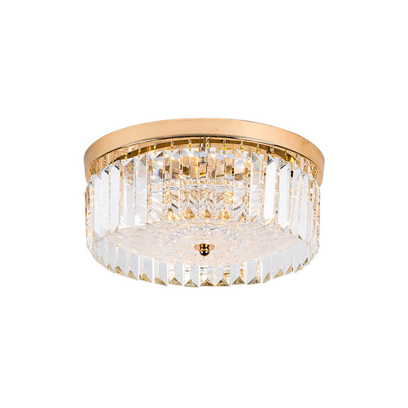 Modernist Metal Flush Mount Lamp With Led Drum Shade And Crystal Prism In Gold Finish - 14’/18’ Wide