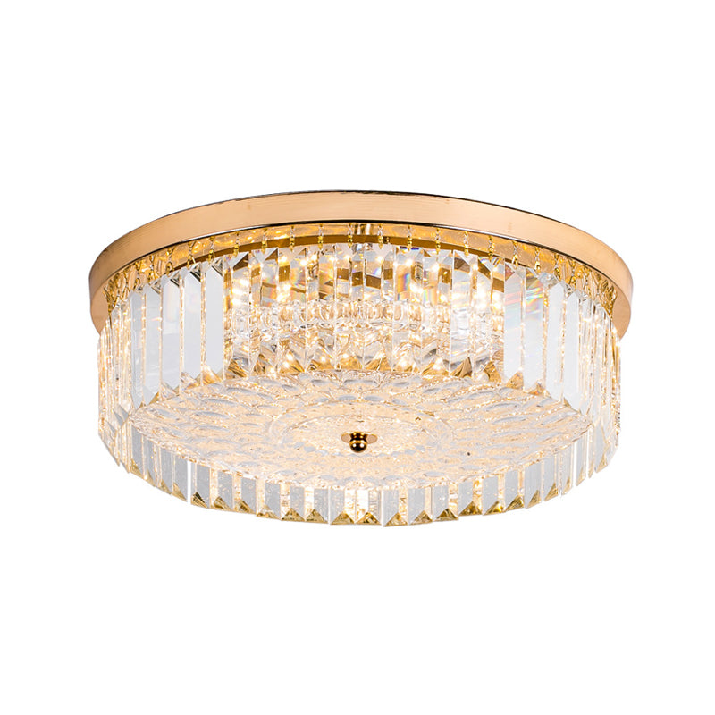 Modernist Metal Flush Mount Lamp With Led Drum Shade And Crystal Prism In Gold Finish - 14’/18’ Wide