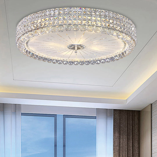 Contemporary Clear Crystal Multi-Head Flush Mount Ceiling Light In Chrome - 16’/19.5’ W Drum