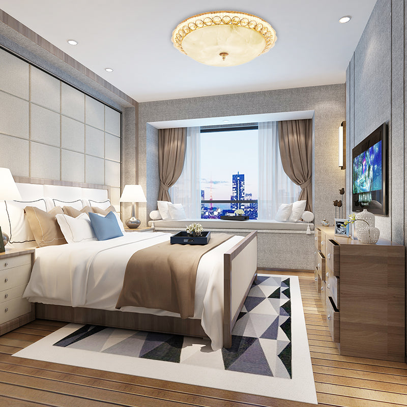 Modern Led Flush Ceiling Light With Textured Glass Bowl Crystal Accent In Gold - 12’/16’ Wide