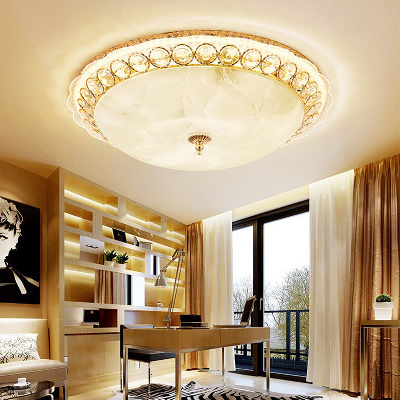 Modern Led Flush Ceiling Light With Textured Glass Bowl Crystal Accent In Gold - 12’/16’ Wide
