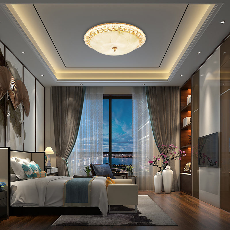 Modern Led Flush Ceiling Light With Textured Glass Bowl Crystal Accent In Gold - 12’/16’ Wide