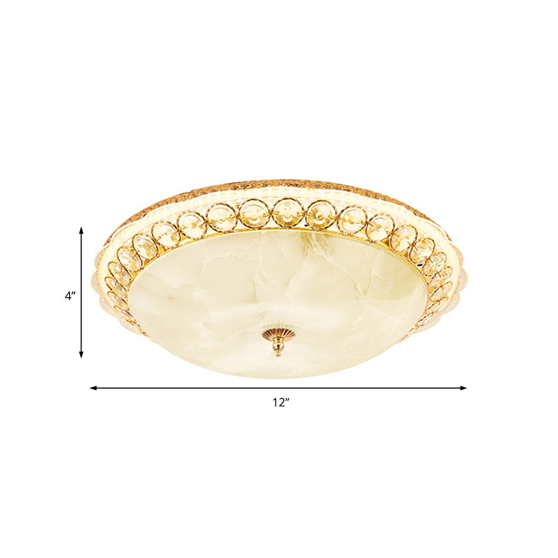 Modern Led Flush Ceiling Light With Textured Glass Bowl Crystal Accent In Gold - 12’/16’ Wide