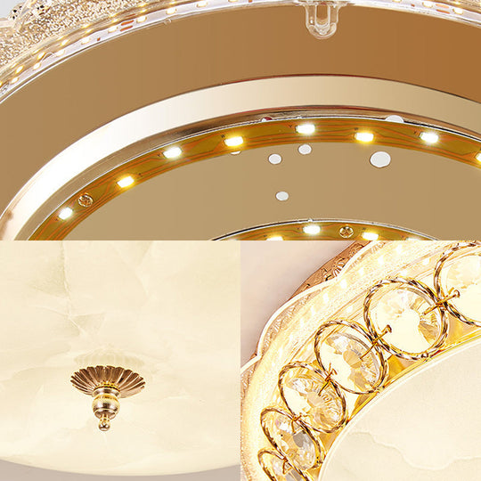 Modern Led Flush Ceiling Light With Textured Glass Bowl Crystal Accent In Gold - 12’/16’ Wide