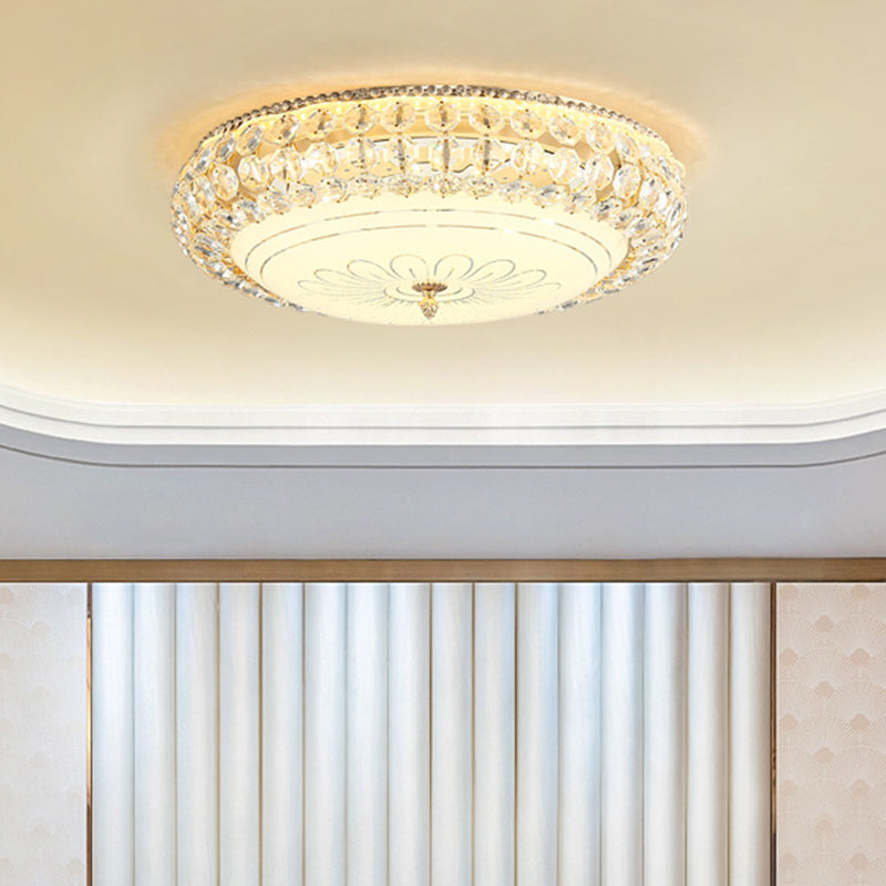 Contemporary Frosted Glass Led Ceiling Light With K9 Crystal In Gold - 12’/16’ Wide / 16’