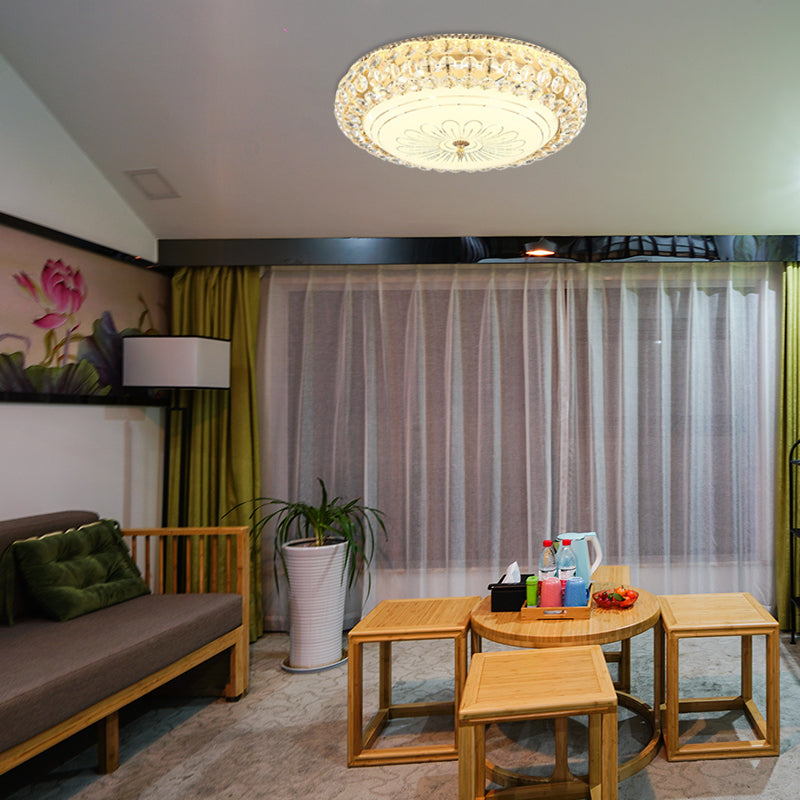 Contemporary Frosted Glass Led Ceiling Light With K9 Crystal In Gold - 12’/16’ Wide