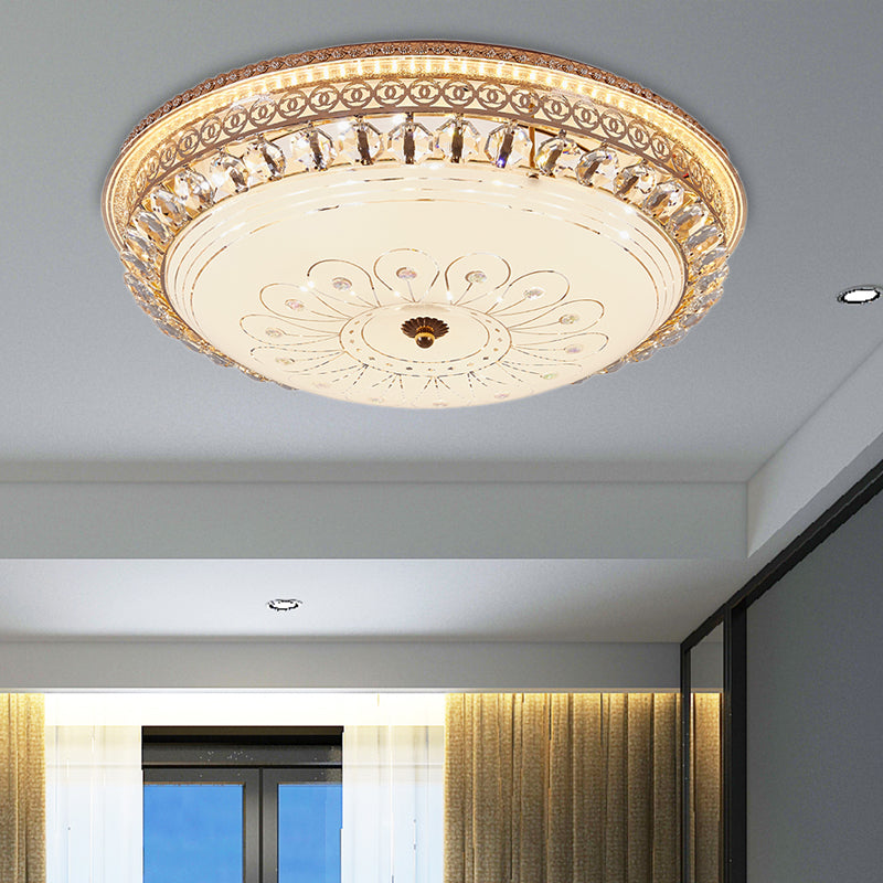 Modern Gold Flush Mount Ceiling Light With Opal Glass Led And Crystal Accent - 16’/19.5’ W