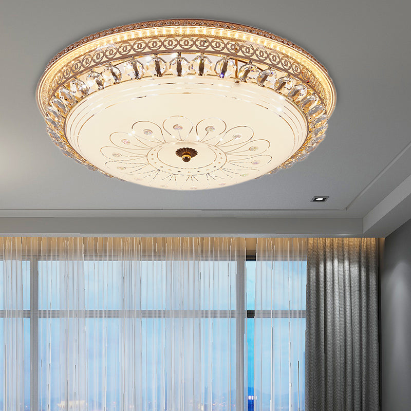 Modern Gold Flush Mount Ceiling Light With Opal Glass Led And Crystal Accent - 16’/19.5’ W