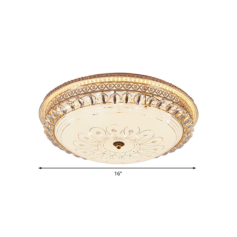 Modern Gold Flush Mount Ceiling Light With Opal Glass Led And Crystal Accent - 16’/19.5’ W