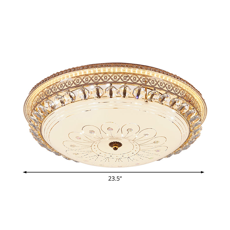 Modern Gold Flush Mount Ceiling Light With Opal Glass Led And Crystal Accent - 16’/19.5’ W