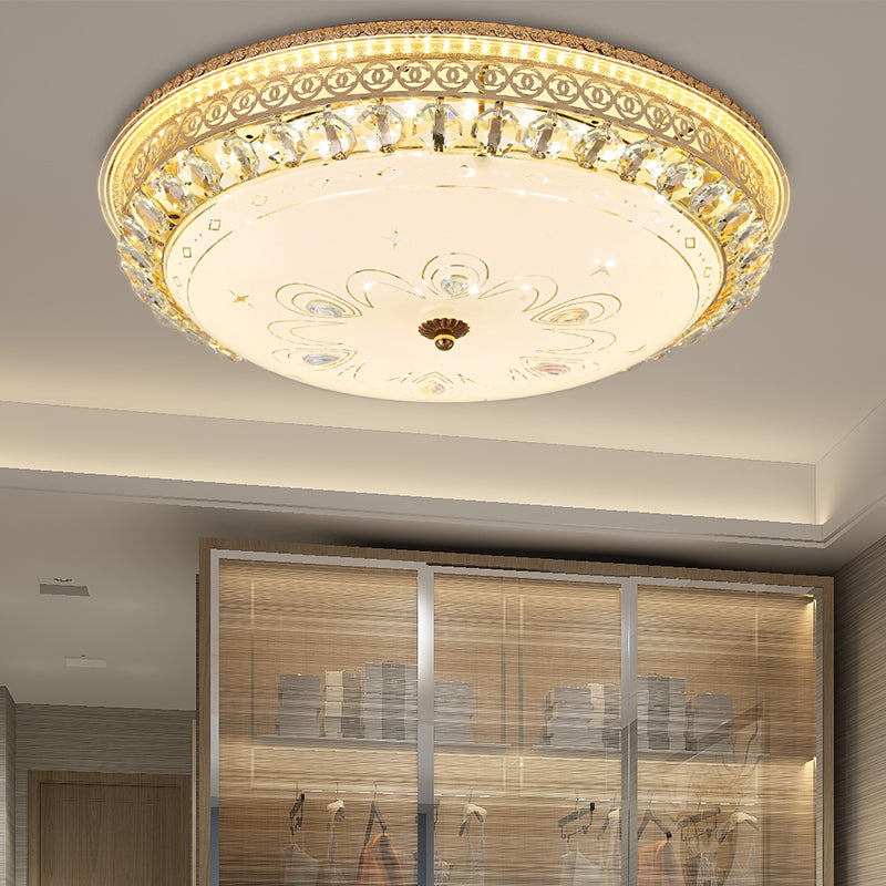 Modern Gold Flush Mount Ceiling Light With Opal Glass Led And Crystal Accent - 16’/19.5’ W