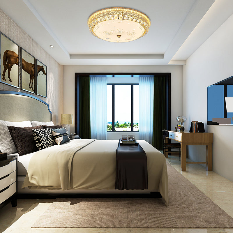 Modern Gold Flush Mount Ceiling Light With Opal Glass Led And Crystal Accent - 16’/19.5’ W