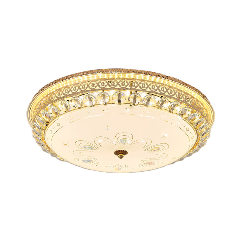 Modern Gold Flush Mount Ceiling Light With Opal Glass Led And Crystal Accent - 16’/19.5’ W
