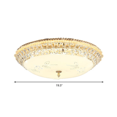 Modernist White Glass And Clear Crystal Led Flush Pendant Light For Bedroom - 12/16 Diameter