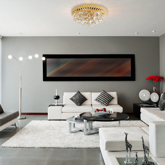 Modern Gold Flush Mount Chandelier With Crystal Ball & Round Shade - 14’/18’ W 3/4/5 Heads