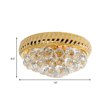 Modern Gold Flush Mount Chandelier With Crystal Ball & Round Shade - 14/18 W 3/4/5 Heads