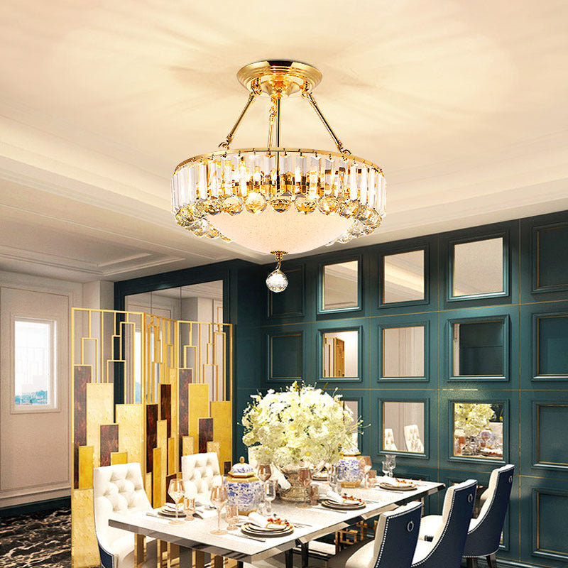 Vintage Gold Drum Semi Mount Lighting With Crystal Accents And Milk Glass Diffuser / 16.5’