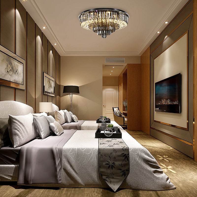 Modern Crystal Led Bedroom Ceiling Light - Smoke Gray Layered Flush - Mount Fixture 19.5’/23.5’ Wide