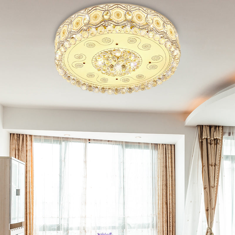 Vintage Led Flush Mount Ceiling Lamp With Etched Design Clear Crystal Accents And White Glass Circle
