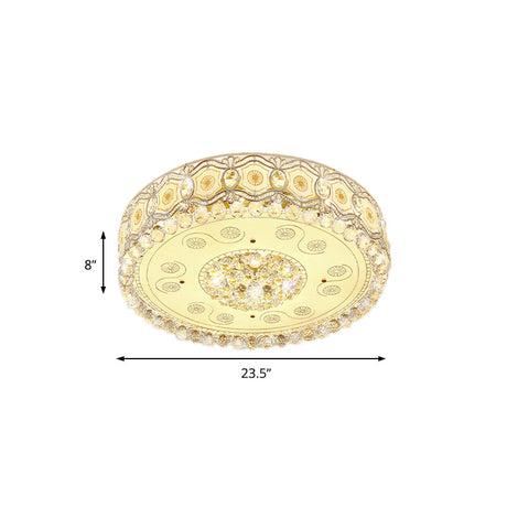 Vintage Led Flush Mount Ceiling Lamp With Etched Design Clear Crystal Accents And White Glass Circle