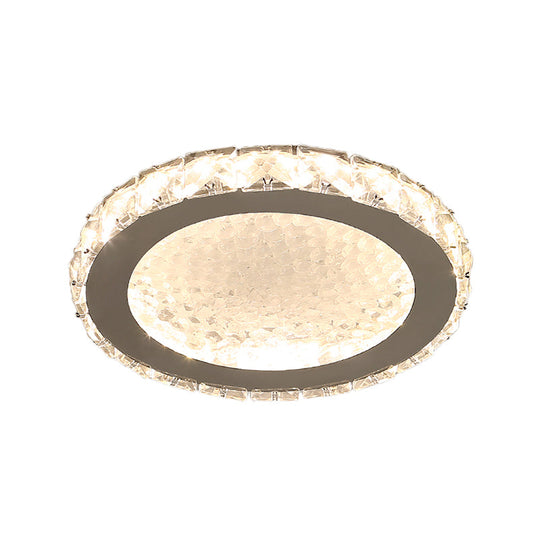 Modern Led Round Flush Mount Ceiling Light With Clear Crystal Accent In White - Warm/White Lighting
