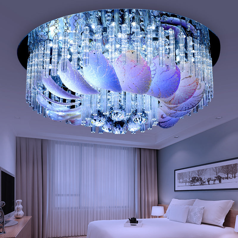 Led Flushmount Clear Crystal Circle Light Fixture - Modern 19.5’/23.5’/31.5’ W With Leaf