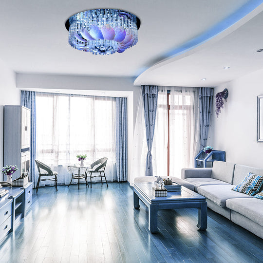 Led Flushmount Clear Crystal Circle Light Fixture - Modern 19.5’/23.5’/31.5’ W With Leaf