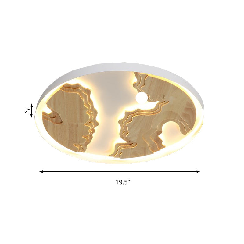 Contemporary Wood Gold/White Round Led Flush Mount Lamp For Living Room Ceiling -