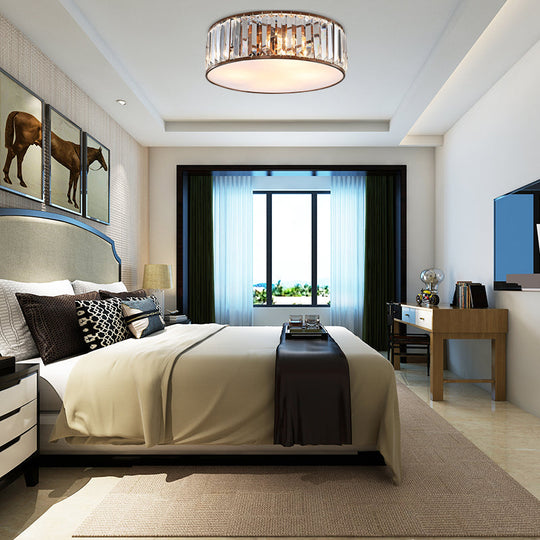 Modern Black/Bronze Flush Mount Bedroom Drum Light With Crystal Block - 12.5’/16.5’ Width
