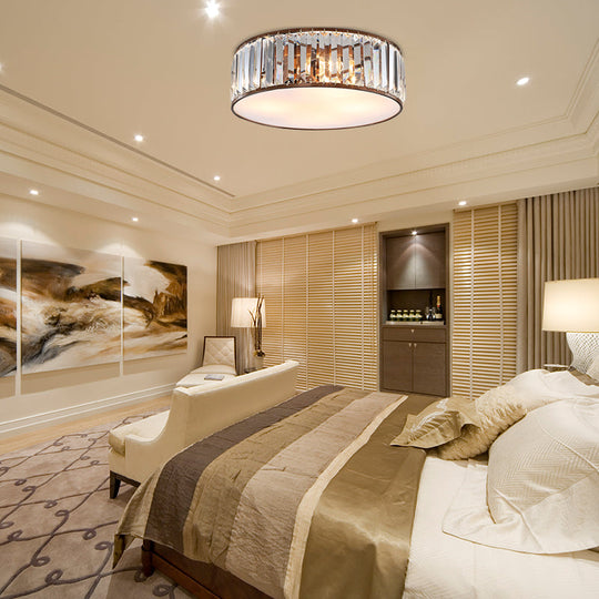 Modern Black/Bronze Flush Mount Bedroom Drum Light With Crystal Block - 12.5’/16.5’ Width