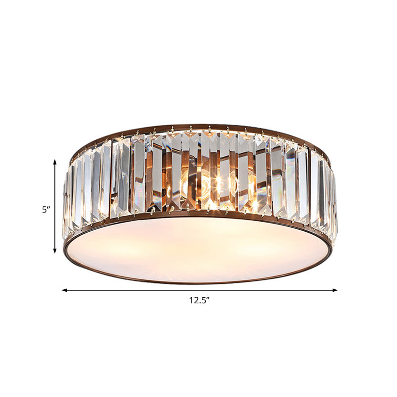 Modern Black/Bronze Flush Mount Bedroom Drum Light With Crystal Block - 12.5’/16.5’ Width