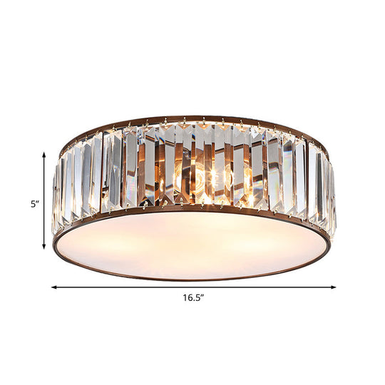 Modern Black/Bronze Flush Mount Bedroom Drum Light With Crystal Block - 12.5’/16.5’ Width