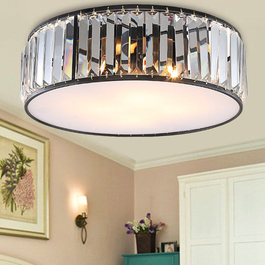 Modern Black/Bronze Flush Mount Bedroom Drum Light With Crystal Block - 12.5’/16.5’ Width Black