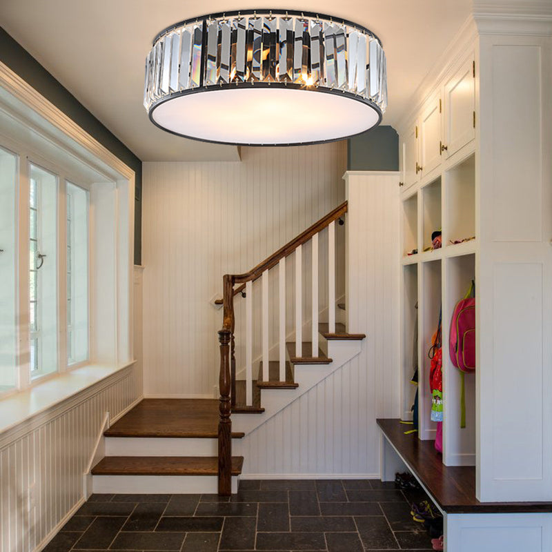 Modern Black/Bronze Flush Mount Bedroom Drum Light With Crystal Block - 12.5/16.5 Width