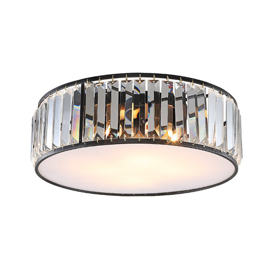 Modern Black/Bronze Flush Mount Bedroom Drum Light With Crystal Block - 12.5’/16.5’ Width