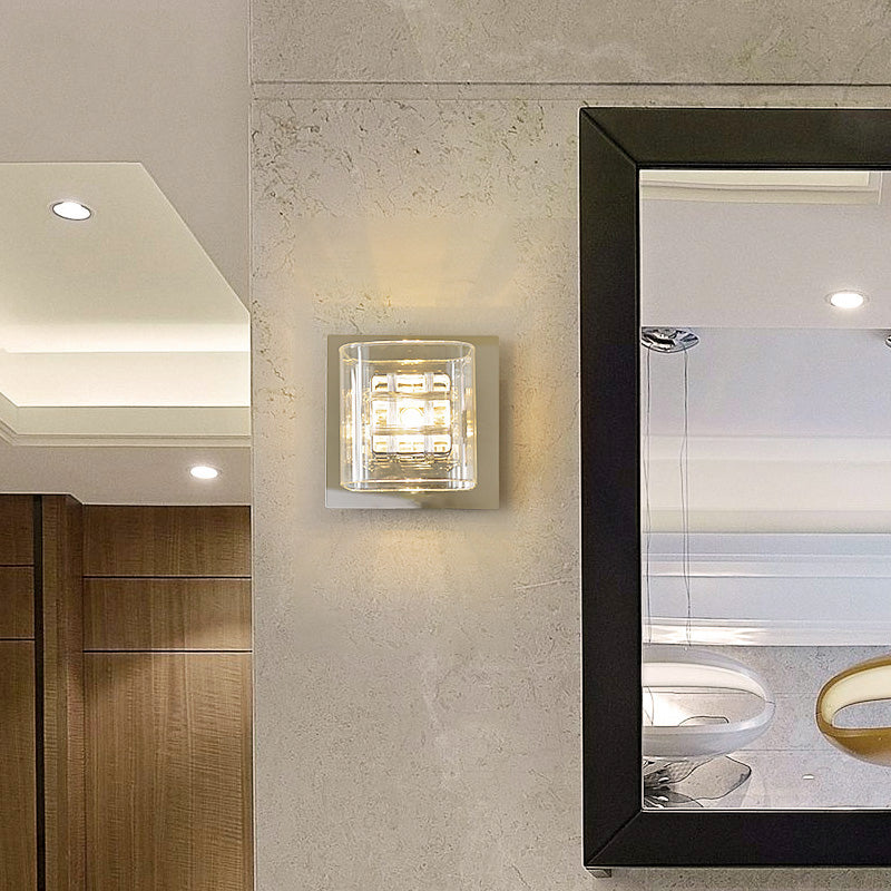 Contemporary Clear Glass Wall Sconce With Chrome Inner Wire Shade - Ideal For Corridors 1 Light Lamp