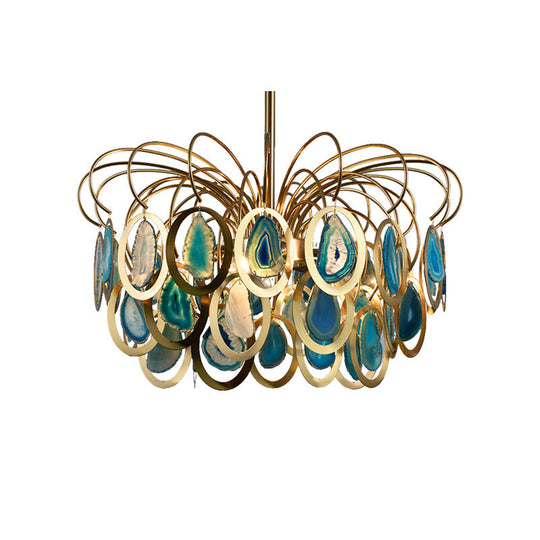 Modern Green Peacock Feather Chandelier - 5-Head Iron Ceiling Pendant With Agate Accents