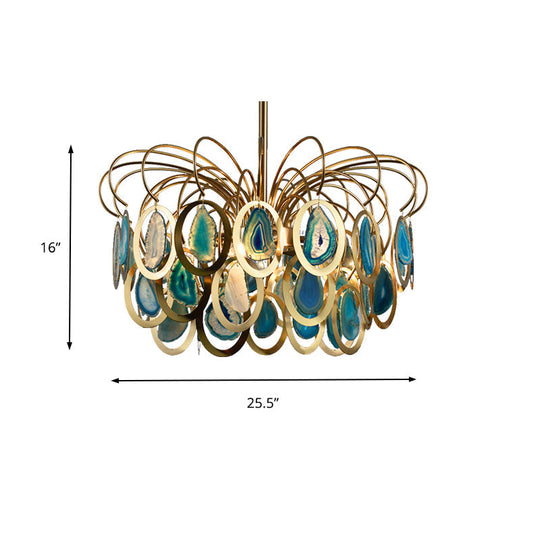 Modern Green Peacock Feather Chandelier - 5-Head Iron Ceiling Pendant With Agate Accents