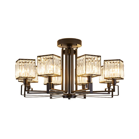 Vintage Style Black Square Metal Ceiling Light Fixture With Crystal Prism - 4/6/8 Lights Ideal For