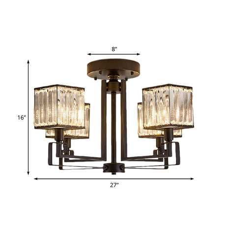 Vintage Style Black Square Metal Ceiling Light Fixture With Crystal Prism - 4/6/8 Lights Ideal For