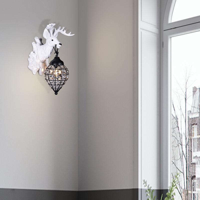 Deer Head Wall Lamp: Countryside Resin Sconce With Lantern Crystal Shade In White/Brown