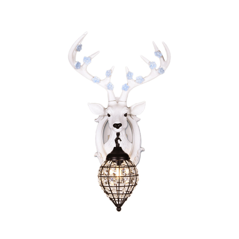 Deer Head Wall Lamp: Countryside Resin Sconce With Lantern Crystal Shade In White/Brown