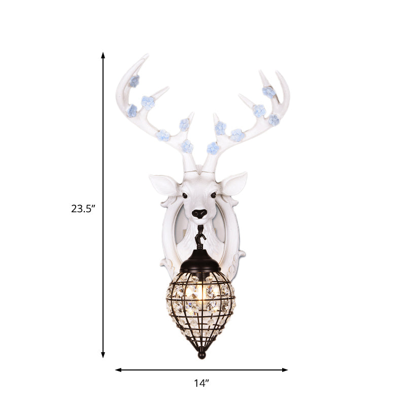 Deer Head Wall Lamp: Countryside Resin Sconce With Lantern Crystal Shade In White/Brown