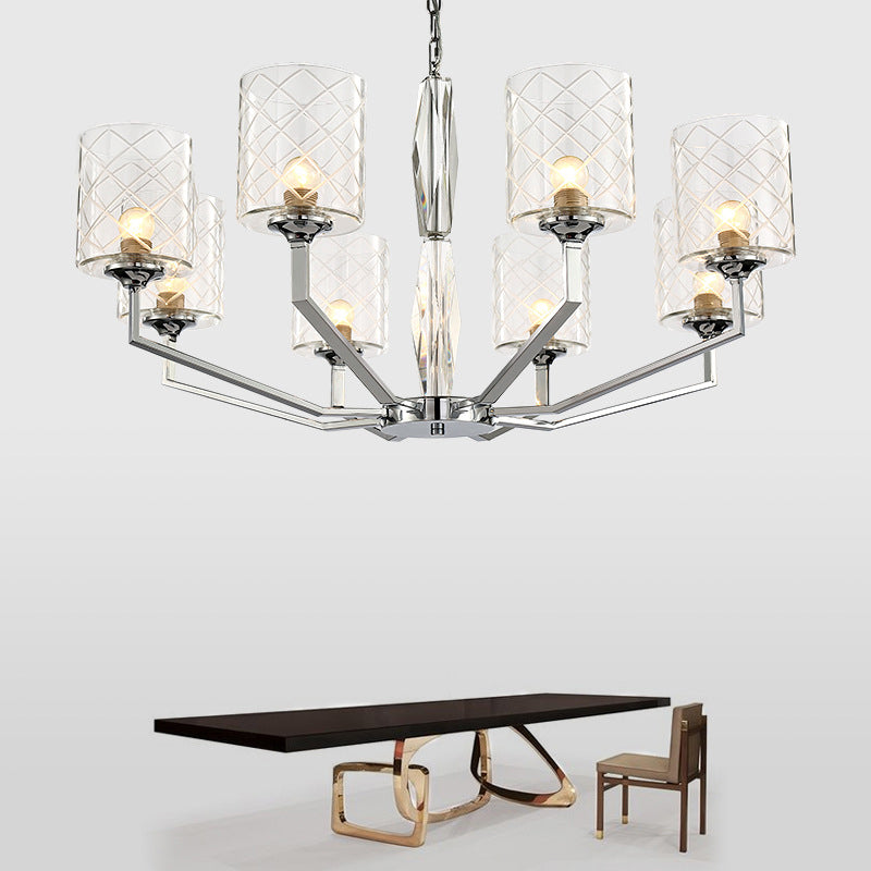 Lattice Glass Up Chandelier - Simple Cup Design 6/8-Light Ceiling Fixture In Chrome