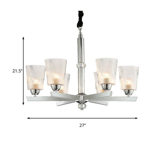 Modern Ribbed Glass Chandelier Pendant - Chrome Finish 6 Lights For Living Room Ceiling