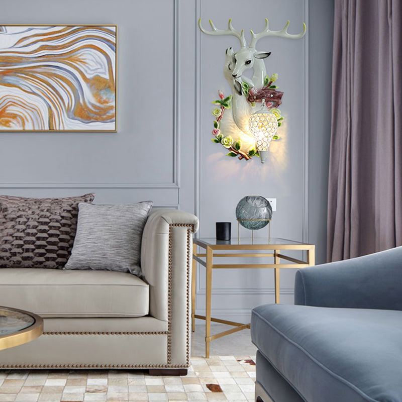 Loft Style Wall Mounted Sconce With Clear Crystal Shade Blue/Gold Finish And Deer Head Accent White