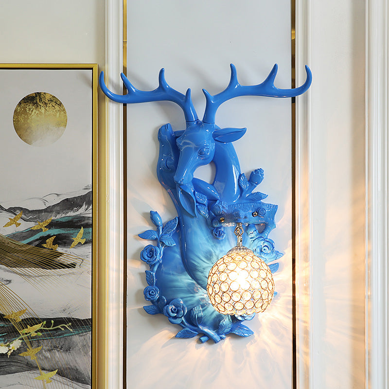 Loft Style Wall Mounted Sconce With Clear Crystal Shade Blue/Gold Finish And Deer Head Accent Blue