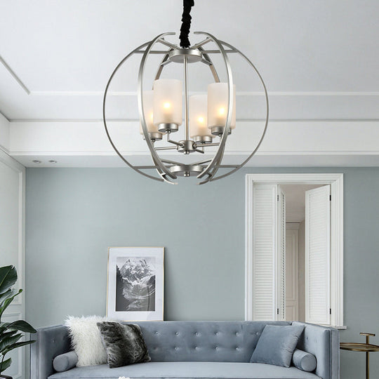 Contemporary Frosted Glass Cylinder Pendant Light With 4-Head White Up Chandelier And Sphere Frame