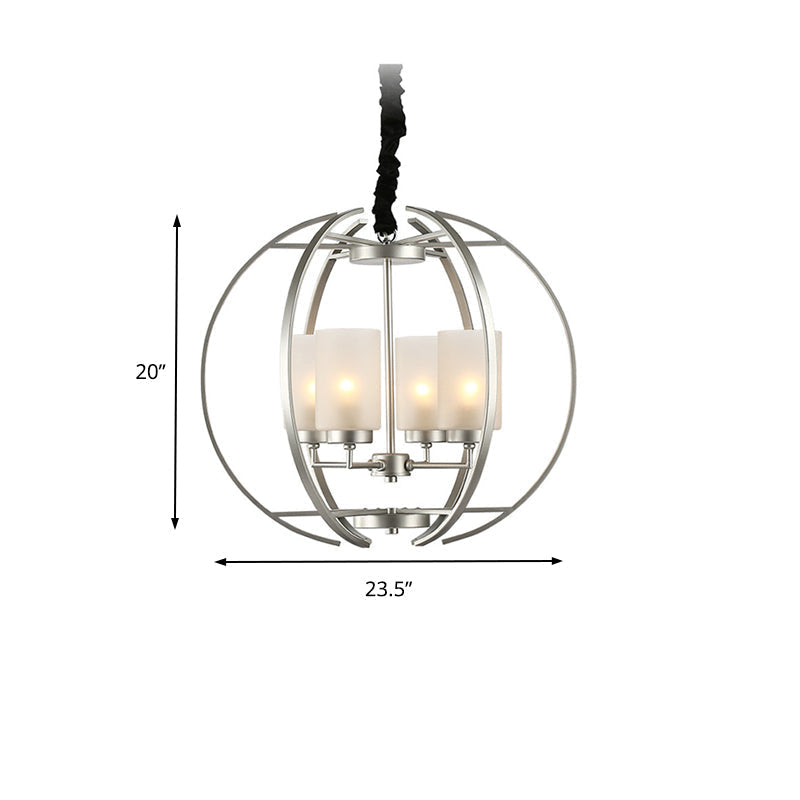 Contemporary Frosted Glass Cylinder Pendant Light With 4-Head White Up Chandelier And Sphere Frame